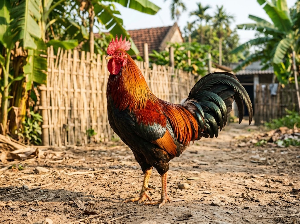 Gà trống lông đỏ đen đứng trên lối đất trước hàng rào tre ở làng quê