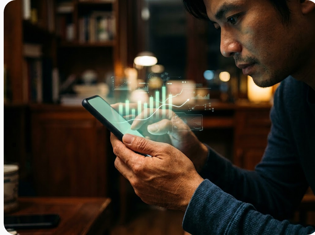 Người đàn ông xem biểu đồ tỷ lệ phát sáng trên màn hình điện thoại buổi tối