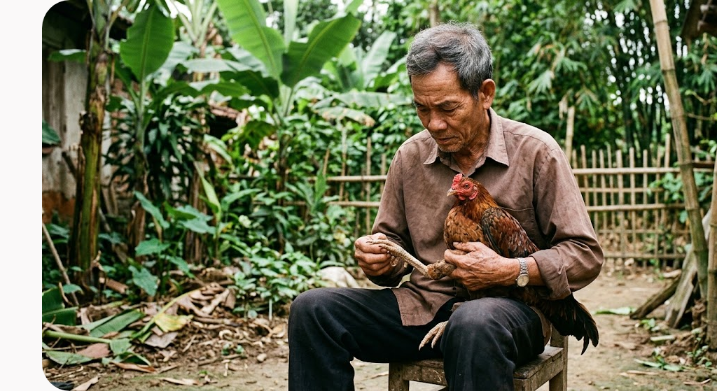 Người đàn ông lớn tuổi kiểm tra chân và cựa sắt của gà nòi