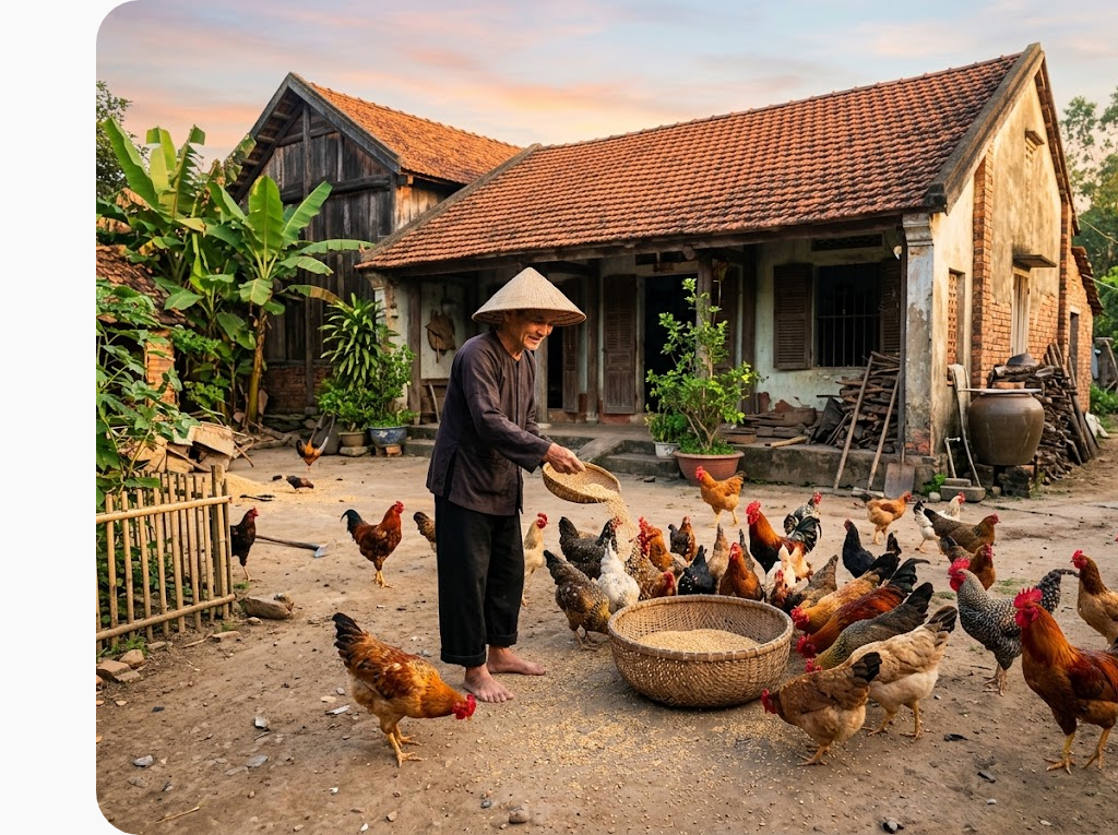 Người phụ nữ đội nón lá cho đàn gà ăn trước sân nhà mái ngói