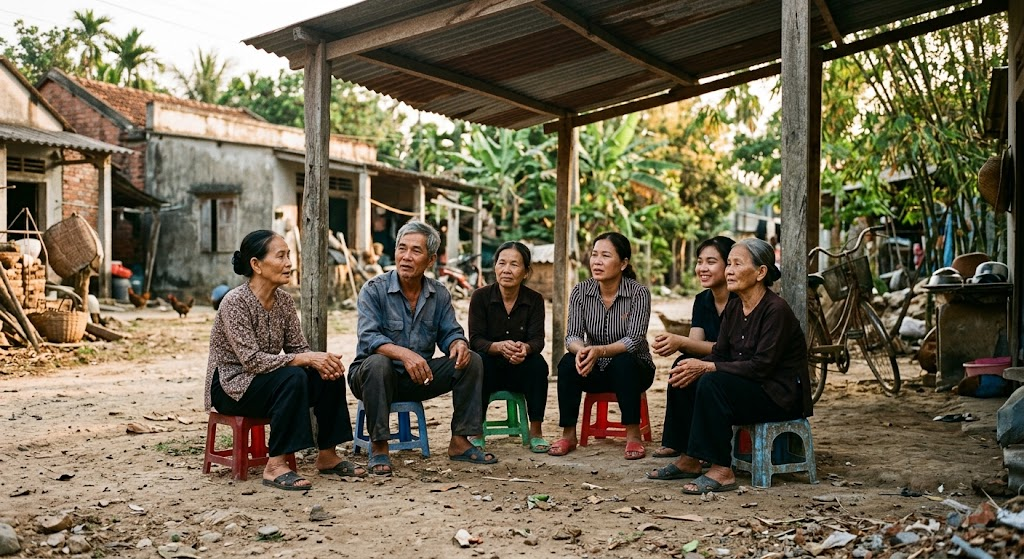 Nhóm người ngồi trên ghế nhựa dưới mái tôn cùng hướng mắt về một phía